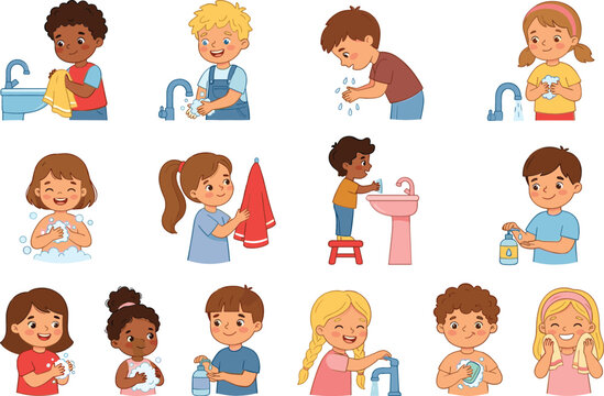 Cute cartoon kids handwashing hygiene vector collection showing children using soap, washing hands at water sinks, drying with towels, and applying sanitizer.