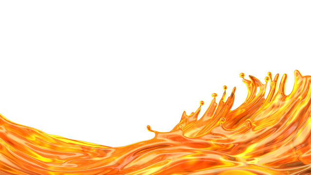 A wave of orange liquid forms as it splashes against a white background. The motion of the liquid captures the energy and flow of the fluid as it rises and falls. 3d render