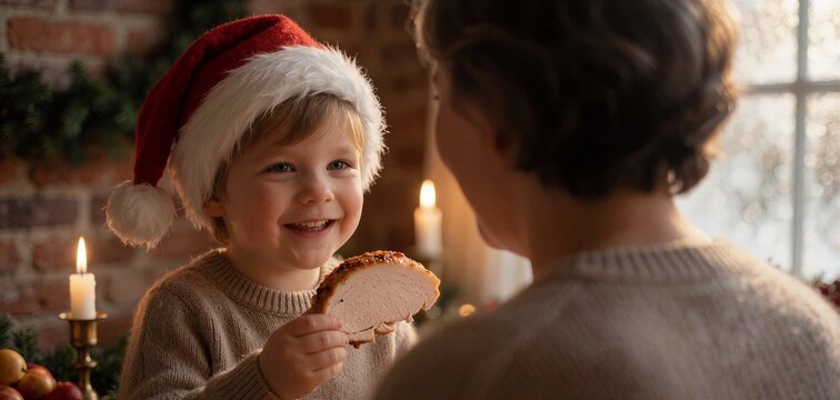 Family Christmas dinner moment captured with a young boy smiling while holding a slice of turkey, seen over a parents shoulder.