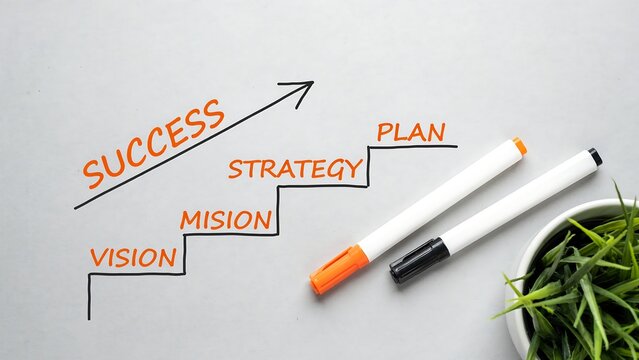 Success ladder with vision, mission, strategy, and plan visualized with markers