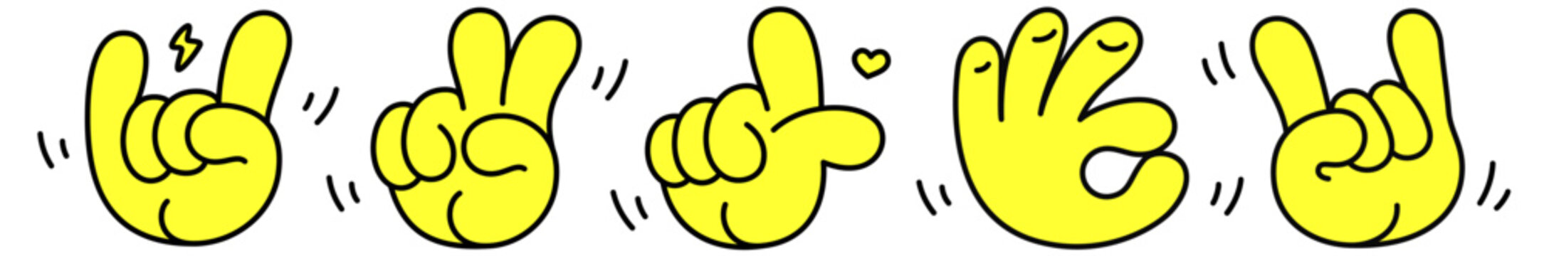 Set collection. Hand signs. Gesture fingers. Dynamic hand gesture signs art, energetic hand gesture signs mark, palm arm fingers graphic design element sticker artwork set. Vector Illustration