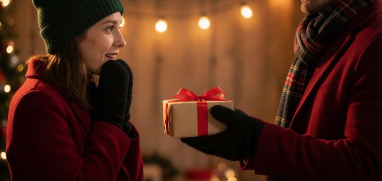 Couple exchanging a wrapped gift during a holiday Christmas outdoor photoshoot, featuring warm lighting and festive atmosphere.