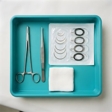 Surgical suture kit in teal medical tray, sterile stainless steel forceps and tweezers, professional wound care equipment for surgery