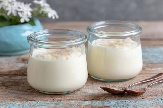 Homemade yogurt in small jars on a table with tablespoons 