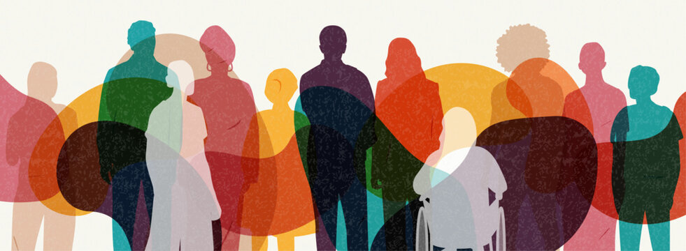Different people stand side by side together. Modern colorful banner. Flat vector illustration.