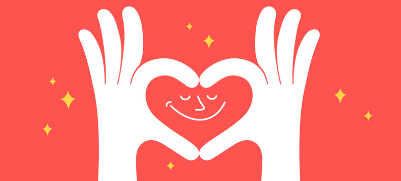 Hand sign Heart Love. Bright hand gesture sign art, joyful hand gesture sign mark, sweet comic gesture sign badge, palm arm finger graphic design element sticker artwork. Vector Illustration