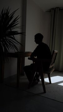Disappointed man silhouette closing laptop and lowering his head after career setback or work failure, struggling with professional motivation at home, vertical video