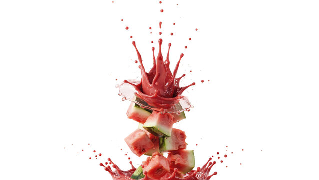 Red watermelon cubes falling into a vibrant splash of fresh fruit juice, captured in mid-air against a solid black background, studio shot
