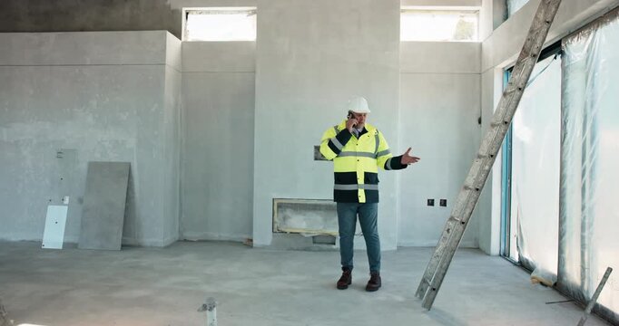 Construction, phone call or mature man on site with review, coordination or progress track in chat. PPE, contact and engineer with tech, operation feedback and supervisor briefing in communication.