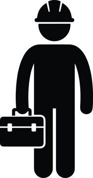 Construction worker with toolbox hard hat silhouette icon for safety industry services