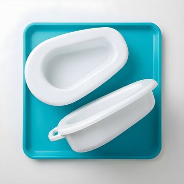 Medical bedpan set on blue tray, white plastic hospital urinal equipment, healthcare sanitation supplies for patient care