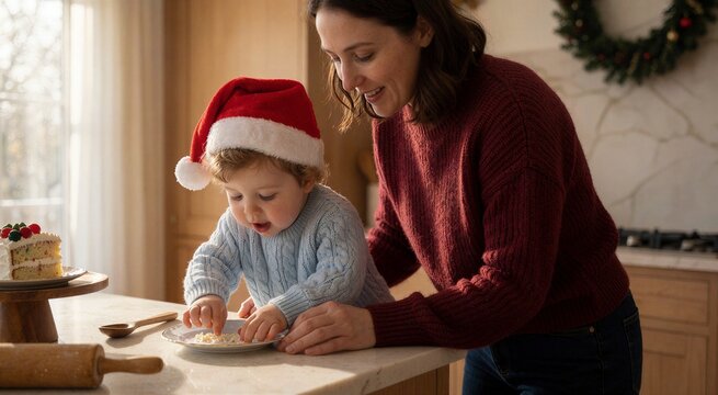 Mother and toddler sharing Christmas dessert at a kitchen island, capturing a sweet moment of festive joy and curiosity.