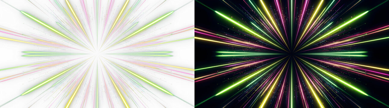 Abstract geometric kaleidoscope tunnel with bright glowing light rays and colors