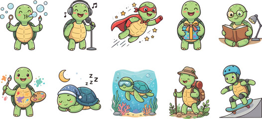 Obraz premium Cute Cartoon Turtle Mascot Sticker Set Featuring Small Green Tortoise Activities Like Blowing Bubbles Singing Superhero Flying Reading Sleeping Swimming and Skateboarding