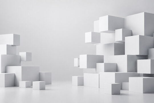 Clean white geometric cubes floating above a minimal gray surface with subtle shadows and copy space.