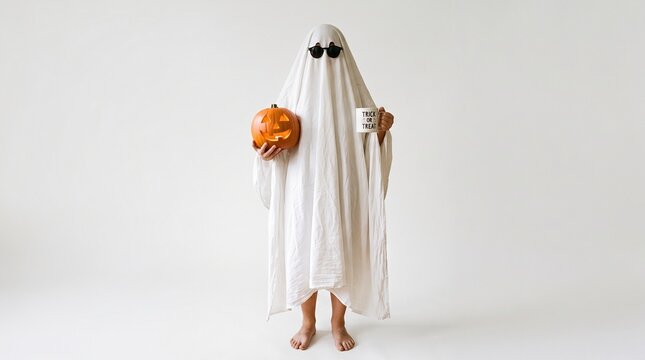 Person in ghost costume with white sheet, black eye cutouts, sunglasses, barefoot, holding carved pumpkin and mug, against plain white background.