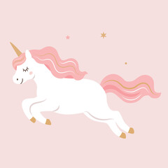 Flying unicorn illustration with a pink mane and tail, golden horn, and pastel colors. Magical fantasy character resting peacefully, ideal for nursery decor, children’s designs, stickers, and print © yuliabikirova