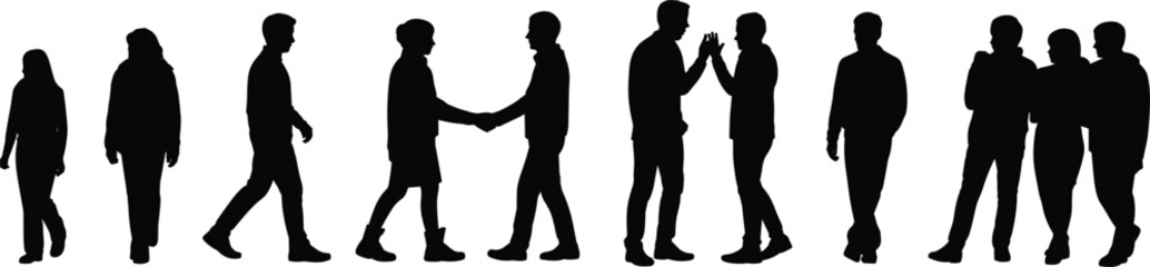 Fototapeta premium Black silhouettes of people walking, shaking hands, and standing in small groups isolated on a white background, for use in, various and architectural projects