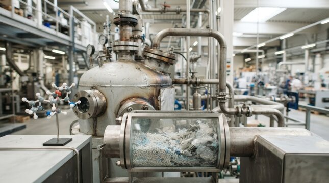 Chemical plastic recycling with depolymerization reactor, stainless piping, recycled pellets, shredded film flakes, and polymer chain model in an industrial hall
