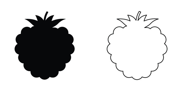 Raspberry with leaf black silhouette, flat vector berry icon isolated on white background