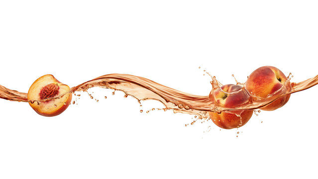 Ripe whole and halved peaches falling into a wave of peach juice, creating a dynamic liquid splash effect isolated on a black background