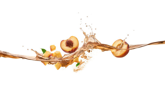Sliced peaches and diced peach cubes falling into a wave of peach juice, creating a dynamic liquid splash effect isolated on a black background