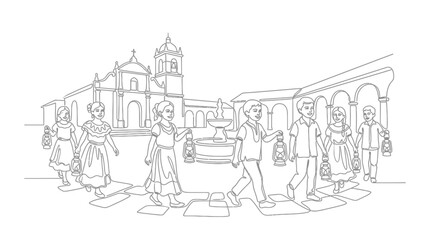 Naklejka premium Continuous line drawing of children in traditional clothing carrying lanterns in a colonial town square