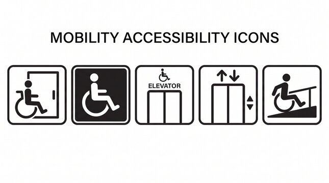 Five black‑and‑white accessibility icons&mdash;wheelchair entry, wheelchair symbol, accessible elevator sign, standard elevator, wheelchair ramp&mdash;representing mobility accommodations.