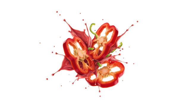 Sliced red bell pepper pieces floating in the air with a dynamic liquid splash of red juice isolated on a solid black background