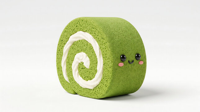 Green matcha roll cake with creamy spiral filling and smiling face cute bakery dessert graphic icon.