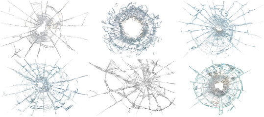 Obraz premium Set of broken glass cracks and bullet hole overlays isolated on transparent background