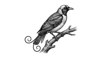 Obraz premium Black and white songbird engraving on a branch.