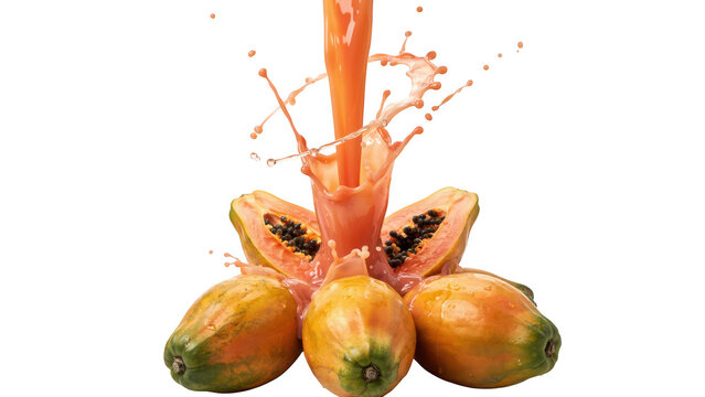 Three whole papayas arranged at the base of a vertical pouring stream of creamy orange fruit juice splashing against a solid black background