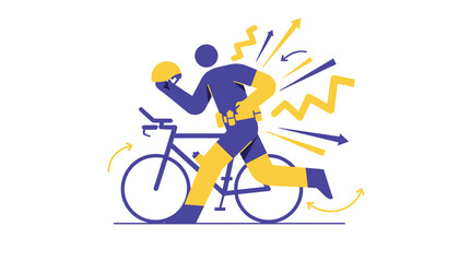 Fototapeta premium Triathlete running while holding a helmet next to a bicycle with abstract arrows representing speed and energy.