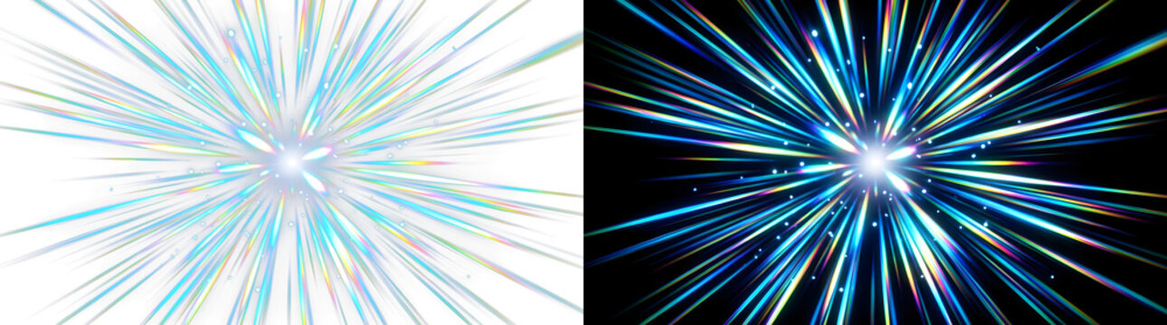 Abstract blue and white light rays bursting outward from center with abstract