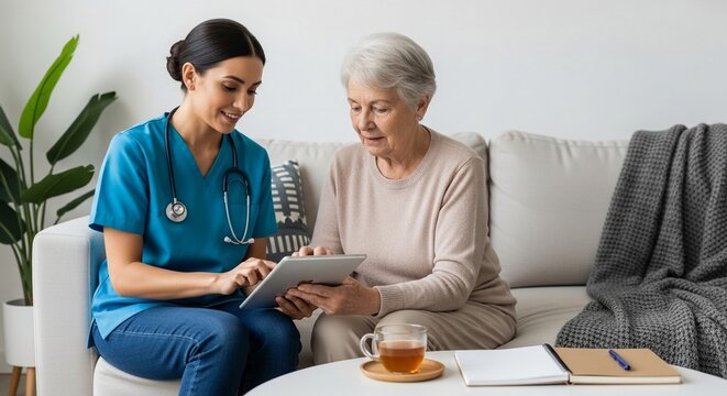 Compassionate home health aide shows tablet information to elderly woman receiving care at home