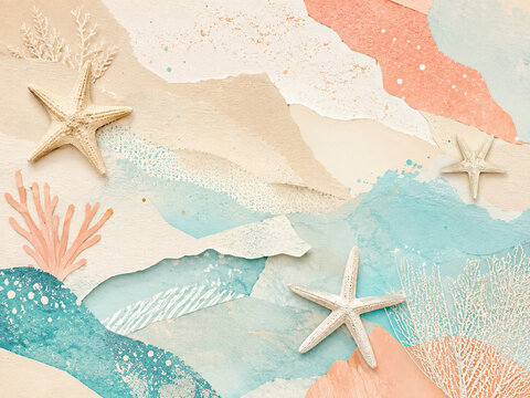 Pastel layered papercut beach background with starfish, seashells, coral shapes and gentle ocean waves.