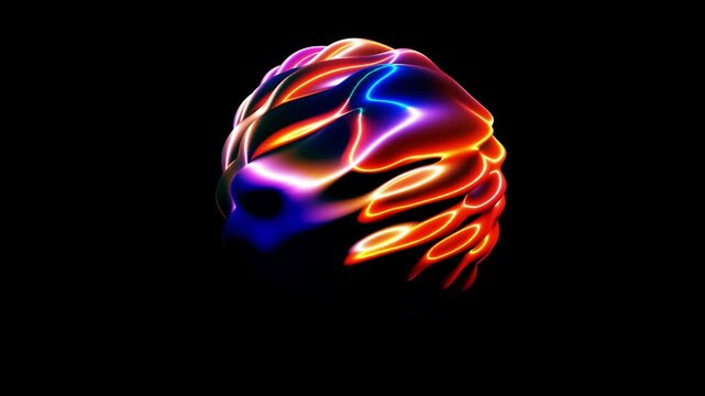 Molten chrome sphere morphs with fiery neon and orange energy flows in an abstract 3D animation for gaming UI and high-tech apps