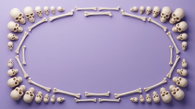 A rectangular frame made of human skulls and bones on a solid light purple background for halloween design