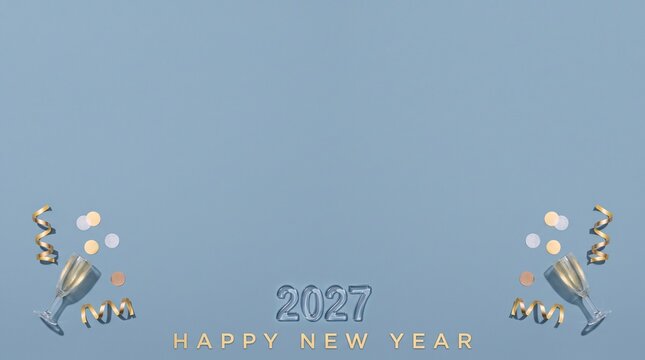 Champagne flutes and golden party ribbons arranged on a solid light blue background with three dimensional numbers celebrating the arrival of new year twenty twenty seven