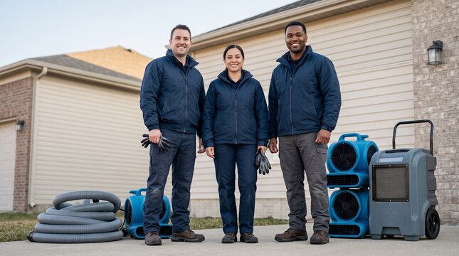 Flood cleanup crew posing beside restoration equipment after residential service call, professional water damage team, coordinated recovery workers and company portrait