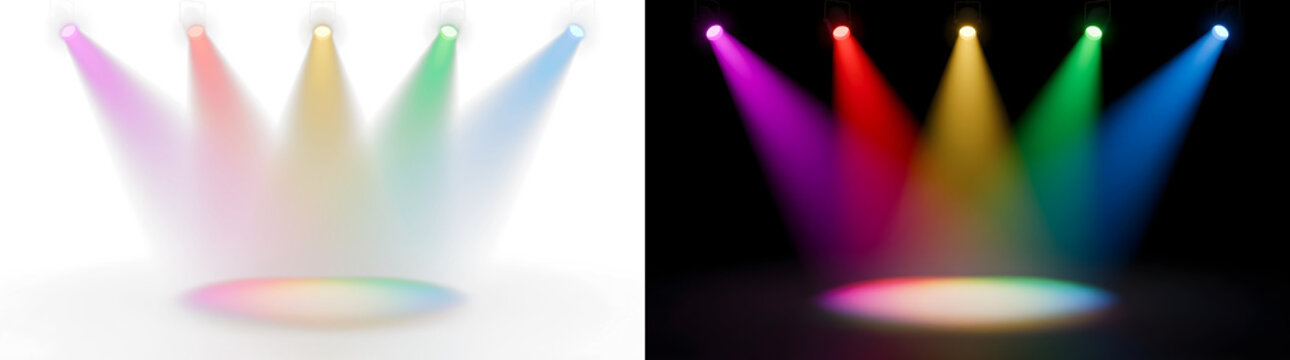 Colorful stage spotlights shining down and illuminating an empty floor
