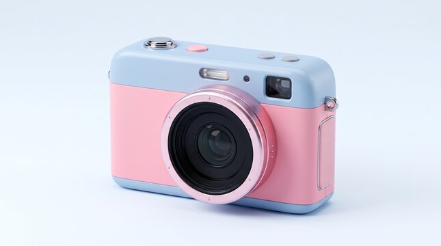 Modern electronic camera rendered in soft pastel colors stands ready for photography sessions.