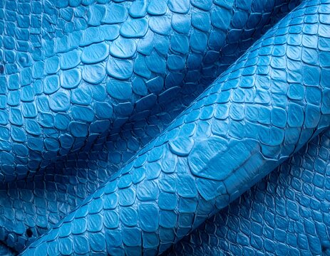 Close-up of vibrant blue snake skin with scale detail, textures, and shadows