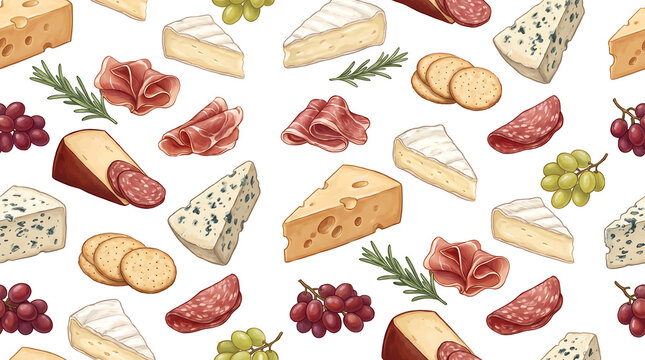 Gourmet charcuterie board elements with cheese slices salami crackers and grapes seamless pattern.