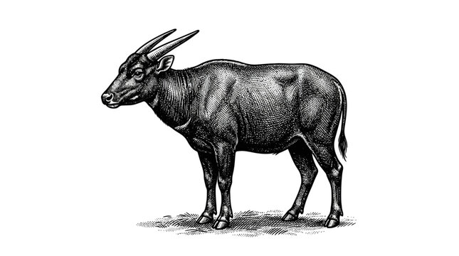 Vintage woodcut illustration of a standing anoa buffalo.