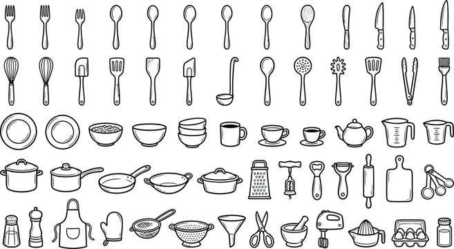 Kitchen utensils set with cutlery and cooking tools for culinary graphics.
