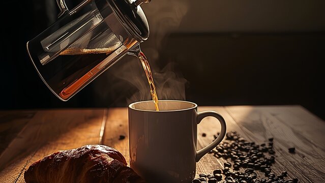 Pouring hot coffee into a mug with a croissant and coffee beans on a wooden table