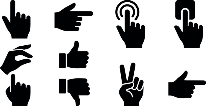 Hand gestures and user interface touch screen glyph icons vector set with pointing fingers thumbs up thumbs down and victory symbols