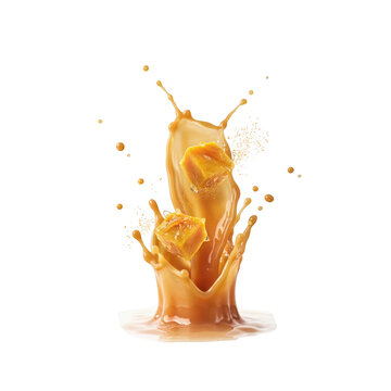 Two square pieces of golden caramel candy splashing in a thick creamy liquid wave isolated on a black background, for confectionery ads
